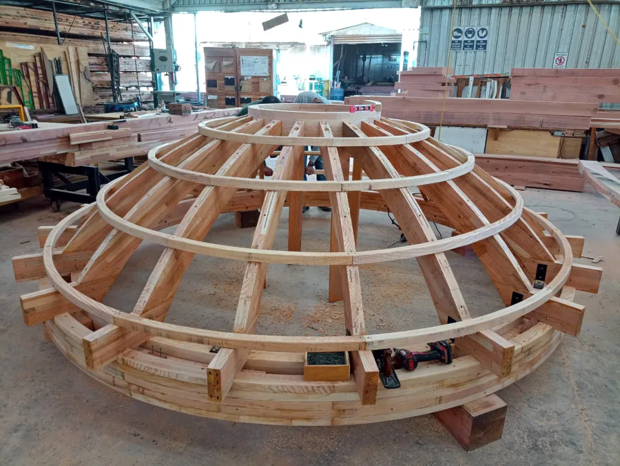 Wooden Dome Pergola Under Construction (Options: 12' Diameter, Mosaic Douglas-fir, Open roof with slats at 12").