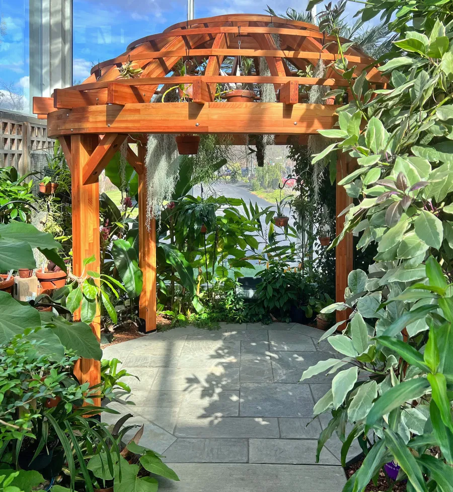 Wooden Dome Pergola (Options: 12' Diameter, Mosaic Douglas-fir, Open roof with slats at 12", Transparent Premium Sealant).