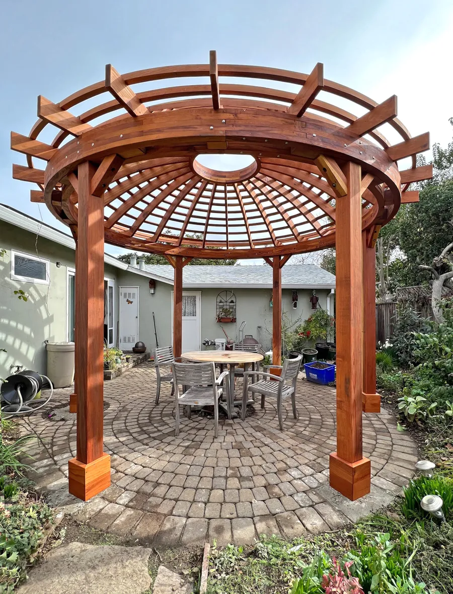 Wooden Dome Pergola (Options: 16' Diameter, Without Deck, California Redwood, Open Roof with Slats at 6", 9' Posts, No Electrical Wiring Trim, 6-Post Anchor Kit for Concrete, Transparent Premium Sealant).