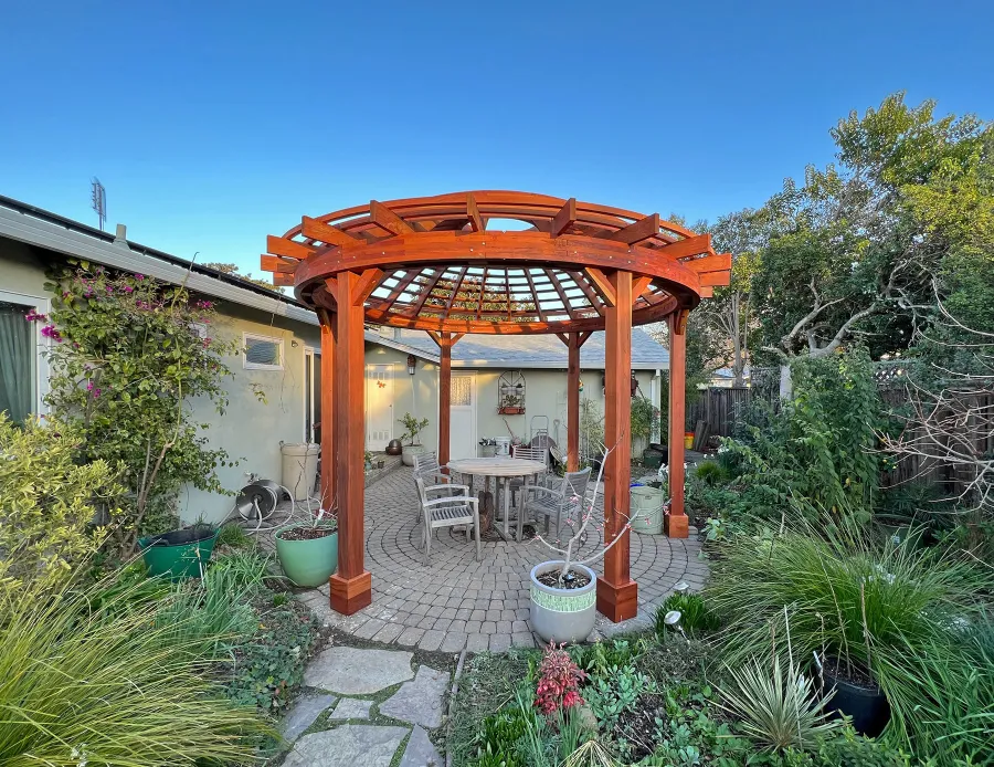Wooden Dome Pergola (Options: 16' Diameter, Without Deck, California Redwood, Open Roof with Slats at 6", 9' Posts, No Electrical Wiring Trim, 6-Post Anchor Kit for Concrete, Transparent Premium Sealant).