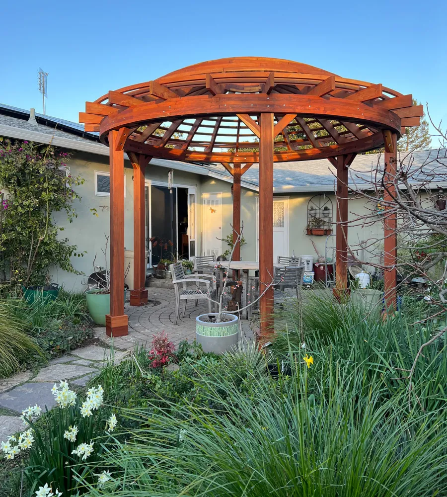 Wooden Dome Pergola (Options: 16' Diameter, Without Deck, California Redwood, Open Roof with Slats at 6", 9' Posts, No Electrical Wiring Trim, 6-Post Anchor Kit for Concrete, Transparent Premium Sealant).