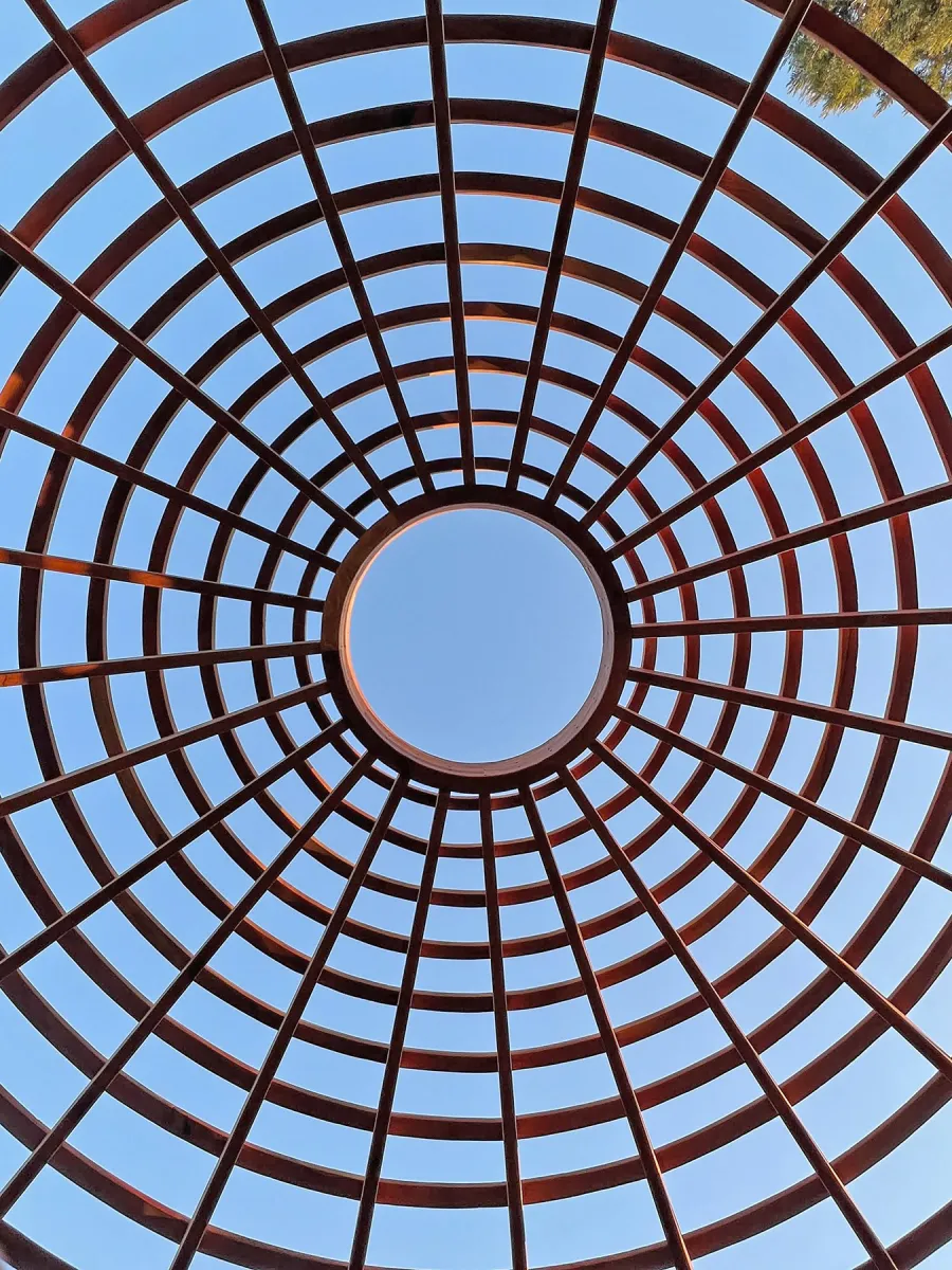 Wooden Dome Pergola (Options: 16' Diameter, Without Deck, California Redwood, Open Roof with Slats at 6", 9' Posts, No Electrical Wiring Trim, 6-Post Anchor Kit for Concrete, Transparent Premium Sealant).