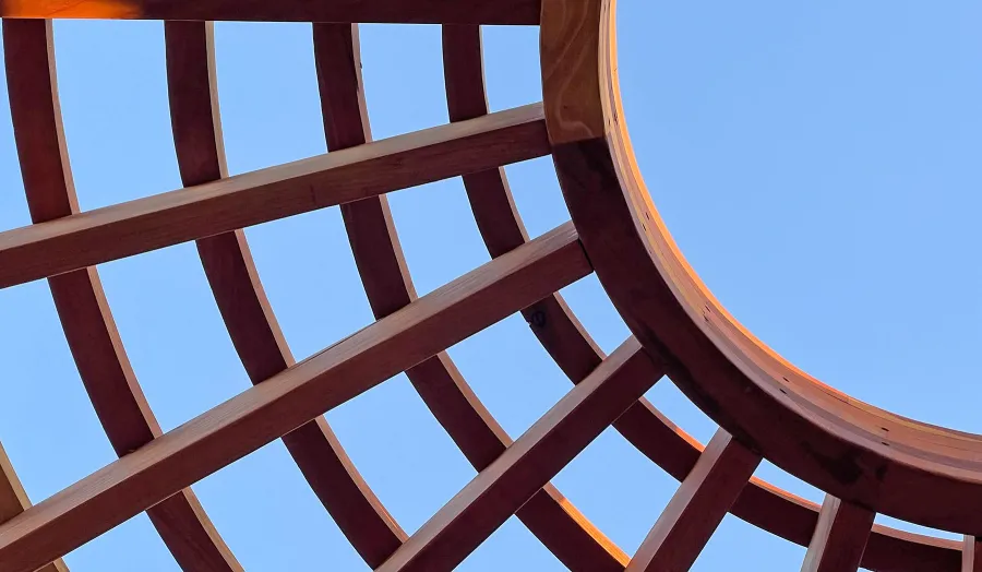 Wooden Dome Pergola (Options: 16' Diameter, Without Deck, California Redwood, Open Roof with Slats at 6", 9' Posts, No Electrical Wiring Trim, 6-Post Anchor Kit for Concrete, Transparent Premium Sealant).