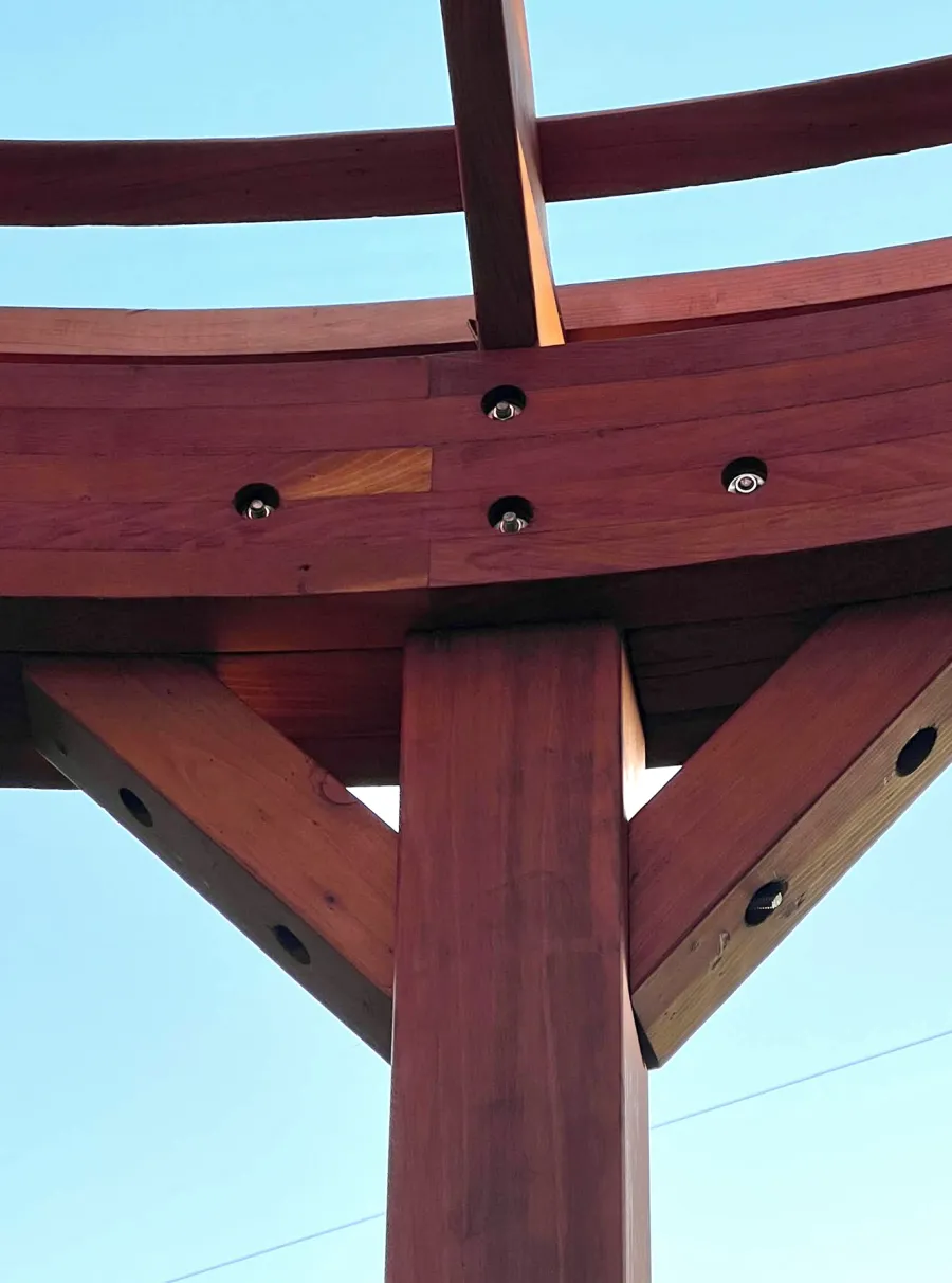 Wooden Dome Pergola (Options: 16' Diameter, Without Deck, California Redwood, Open Roof with Slats at 6", 9' Posts, No Electrical Wiring Trim, 6-Post Anchor Kit for Concrete, Transparent Premium Sealant).