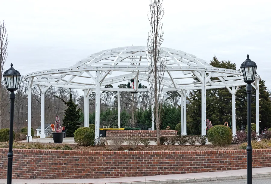 Custom Wooden Dome Pergola (Options: 40' Diameter, Mature Redwood, 12-Post Anchor Kit for High-Wind, Off-White Oil-Based Primer and Kilz White Finish). Photo Courtesy of S. Hobson of Knoxville, Tennessee.