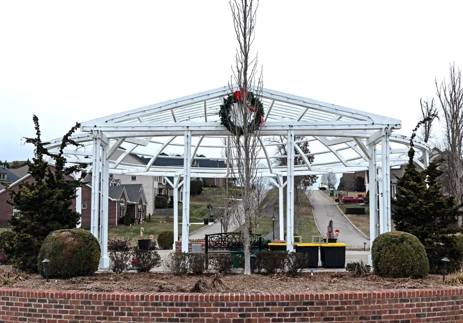 Custom Wooden Dome Pergola (Options: 40' Diameter, Mature Redwood, 12-Post Anchor Kit for High-Wind, Off-White Oil-Based Primer and Kilz White Finish). Photo Courtesy of S. Hobson of Knoxville, Tennessee.