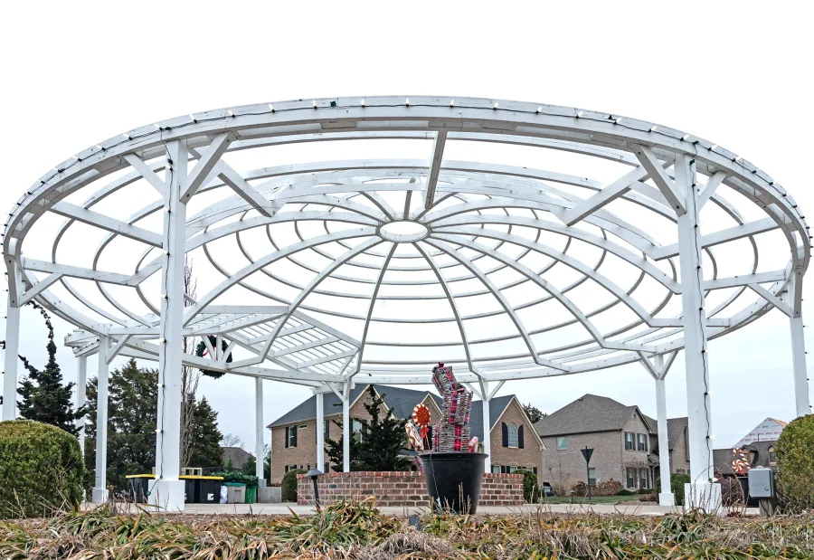 Custom Wooden Dome Pergola (Options: 40' Diameter, Mature Redwood, 12-Post Anchor Kit for High-Wind, Off-White Oil-Based Primer and Kilz White Finish). Photo Courtesy of S. Hobson of Knoxville, Tennessee.