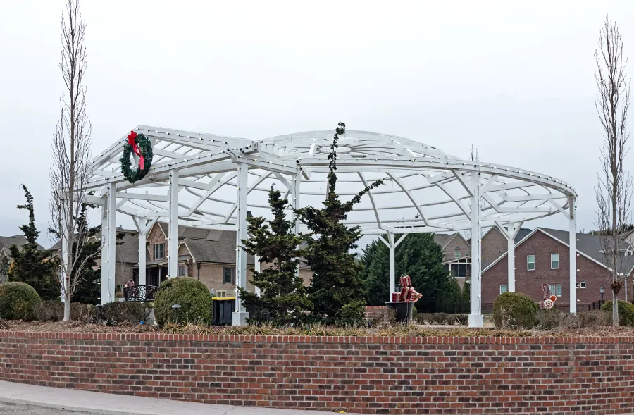 Custom Wooden Dome Pergola (Options: 40' Diameter, Mature Redwood, 12-Post Anchor Kit for High-Wind, Off-White Oil-Based Primer and Kilz White Finish). Photo Courtesy of S. Hobson of Knoxville, Tennessee.