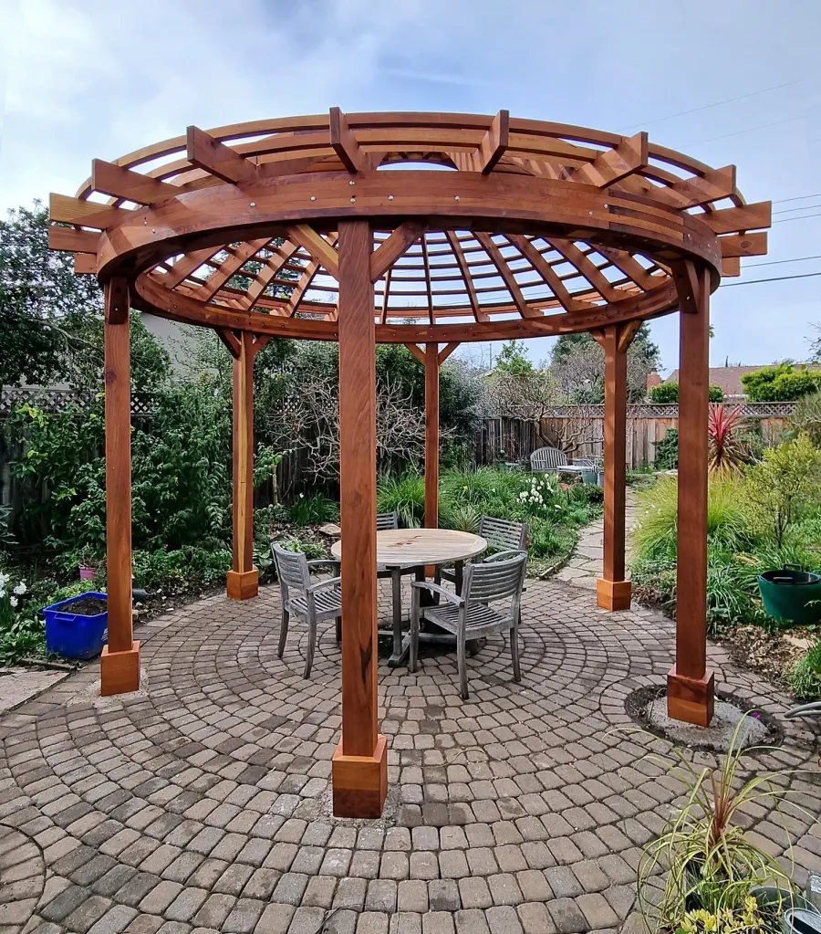 Wooden Dome Pergola (Options: 16' Diameter, Without Deck, California Redwood, Open Roof with Slats at 6", 9' Posts, No Electrical Wiring Trim, 6-Post Anchor Kit for Concrete, Transparent Premium Sealant).
