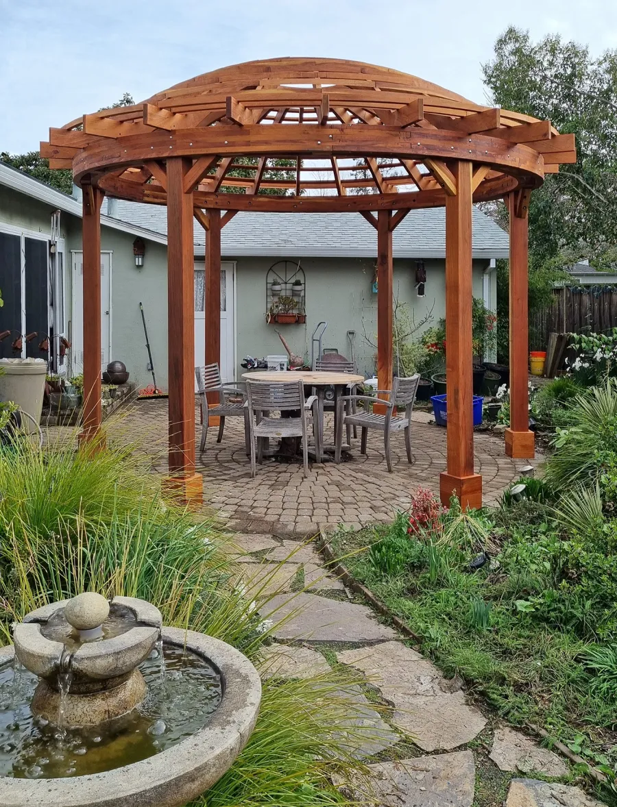 Wooden Dome Pergola (Options: 16' Diameter, Without Deck, California Redwood, Open Roof with Slats at 6", 9' Posts, No Electrical Wiring Trim, 6-Post Anchor Kit for Concrete, Transparent Premium Sealant).