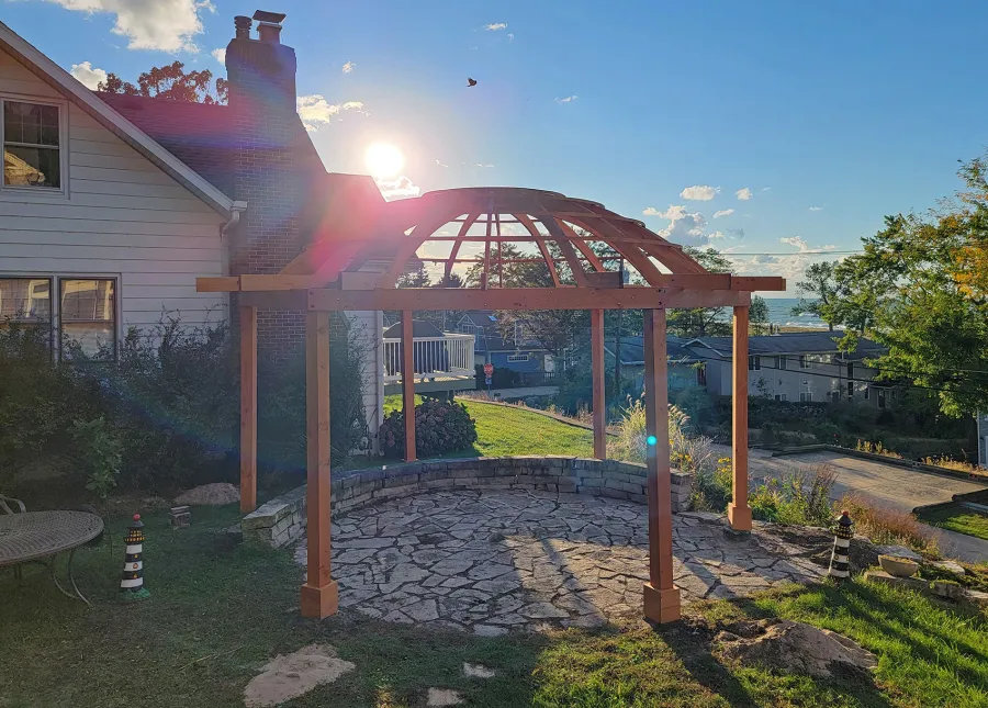 Custom Wooden Dome Pergola (Options: 21'-5" Diameter, Douglas-fir, 6-Post Anchor Kit for High-Wind, Transparent Premium Sealant). Photo Courtesy of A. Schaible of Michigan City, IN.