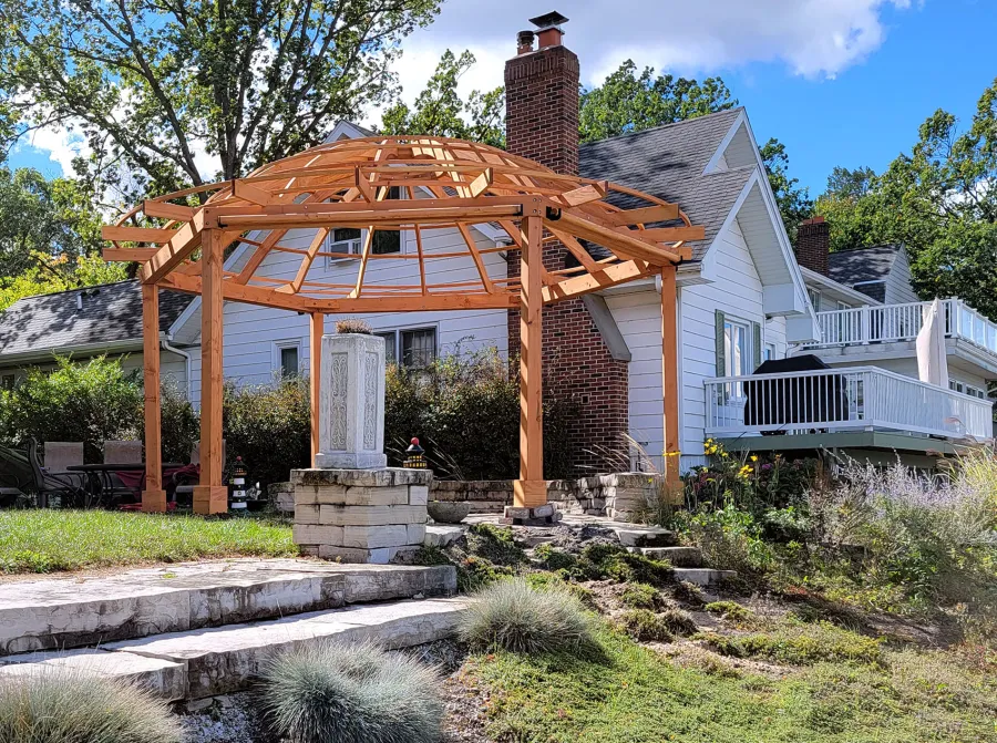 Custom Wooden Dome Pergola (Options: 21'-5" Diameter, Douglas-fir, 6-Post Anchor Kit for High-Wind, Transparent Premium Sealant). Photo Courtesy of A. Schaible of Michigan City, IN.