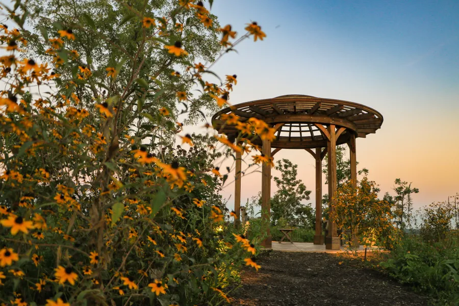 Wooden Dome Pergola (Options: 16' Diameter, Without Deck, California Redwood, Open Roof with Slats at 6", 9' Posts, No Electrical Wiring Trim, 6-Post Anchor Kit for Concrete, Transparent Premium Sealant). Photo Courtesy of P. Kawalek of Black Earth, Wisconsin.