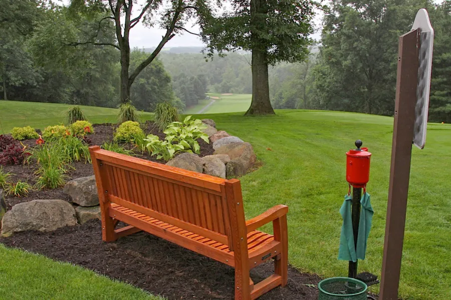 Tee at Mohican Hills Golf Club No. 12. Ti Amo Benches (Options: 6 ft, Mature Redwood, No Cushion, No Engraving, Custom Plaque Provided by Customer, Transparent Premium Sealant). Photo Courtesy of Fox Family.