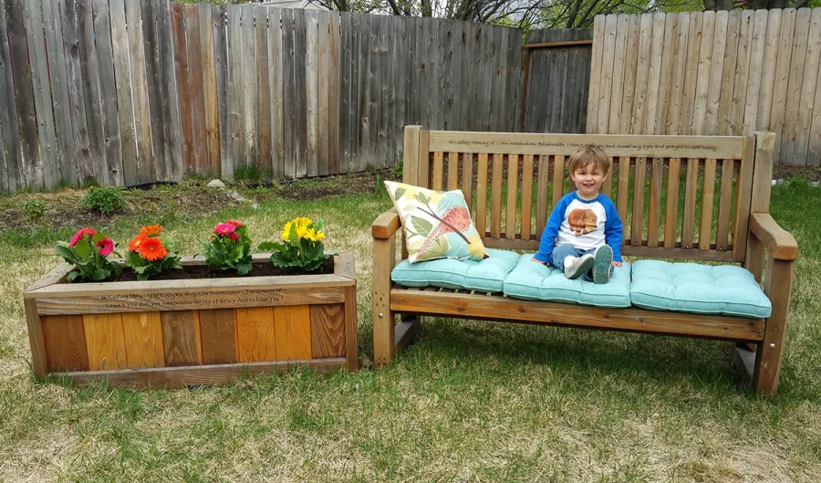 Ti Amo Benches (Options: 4 ft, Custom Engraving, Transparent Premium Sealant). Photo Courtesy of Rebecca Rasmussen of Anchorage, Alaska. 