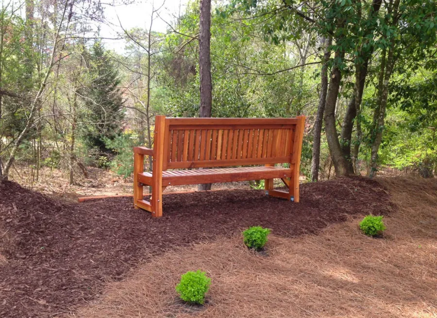 Ti Amo Benches (Options: 6 ft, California Redwood, No Cushion, No Engraving, Transparent Premium Sealant). Photo Courtesy of Jeffrey Hill of Roswell, Georgia. 