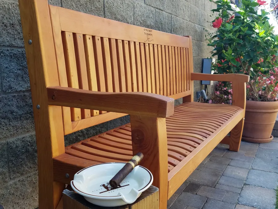 Ti Amo Benches (Options: 5 ft, California Redwood, No Cushion, Custom Engraving, Transparent Premium Sealant). Photo Courtesy of J. Fleming of Inglewood, California.