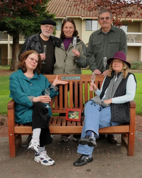 Ti Amo Benches (Options: 5 ft, Old-Growth Redwood, No Cushion, No Engraving, Custom Plaque Provided by Customer, Transparent Premium Sealant). Photo Courtesy of Ms. Linda L. of Napa, CA.  