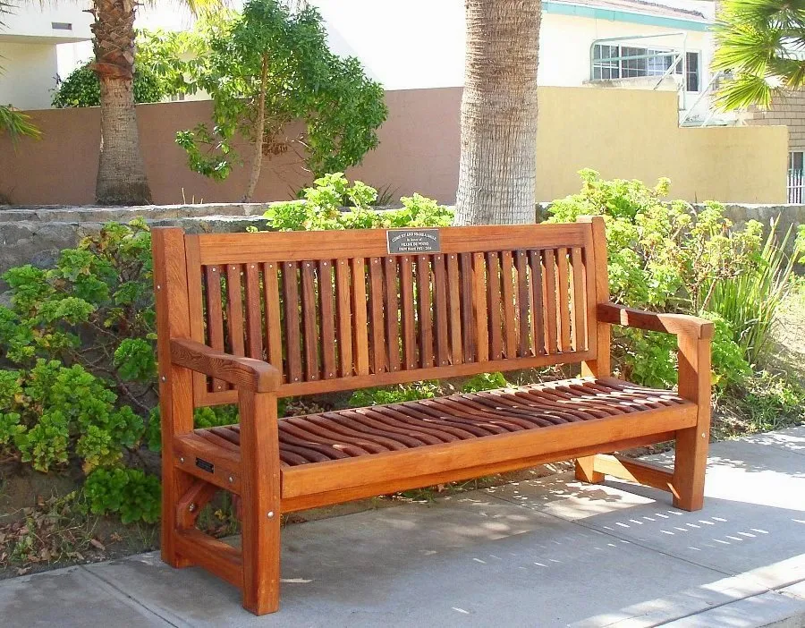 Ti Amo Benches (Options: 6 ft, Old-Growth Redwood, No Cushion, No Engraving, Custom Plaque Provided by Customer, Transparent Premium Sealant). 