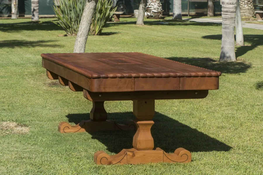 Trestle Natural Wood Outdoor Table (Custom designed trestle designed table in Old-Growth Redwood with massive timbers and custom carving and engraving.)