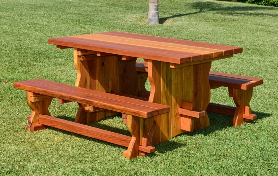 Trestle Natural Wood Outdoor Table (Options: 5' L, 34 1/2'' W Tabletop, Side Benches, Redwood, Standard Tabletop, No Umbrella Hole, Slightly Rounded Corners, 1 Full Length Side Benche Per Side, Transparent Premium Sealant). 