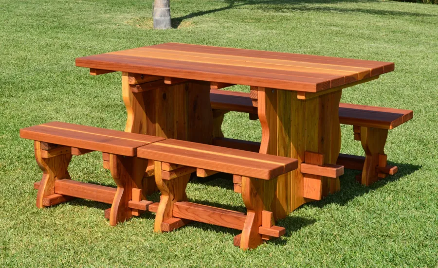 Trestle Natural Wood Outdoor Table (Options: 5' L, 34 1/2'' W Tabletop, Side Benches, Redwood, Standard Tabletop, No Umbrella Hole, Slightly Rounded Corners, 2 Half Length Side Benches Per Side, Transparent Premium Sealant). 