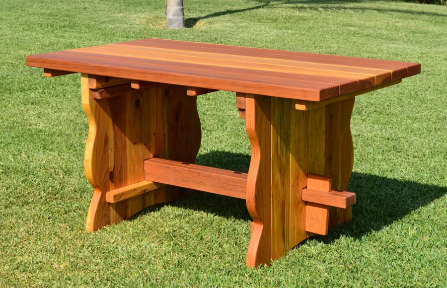 Trestle Natural Wood Outdoor Table (Options: 5' L, 34 1/2'' W Tabletop, No Seating, Redwood, Standard Tabletop, Slightly Rounded Corners, No Umbrella Hole, Transparent Premium Sealant). 