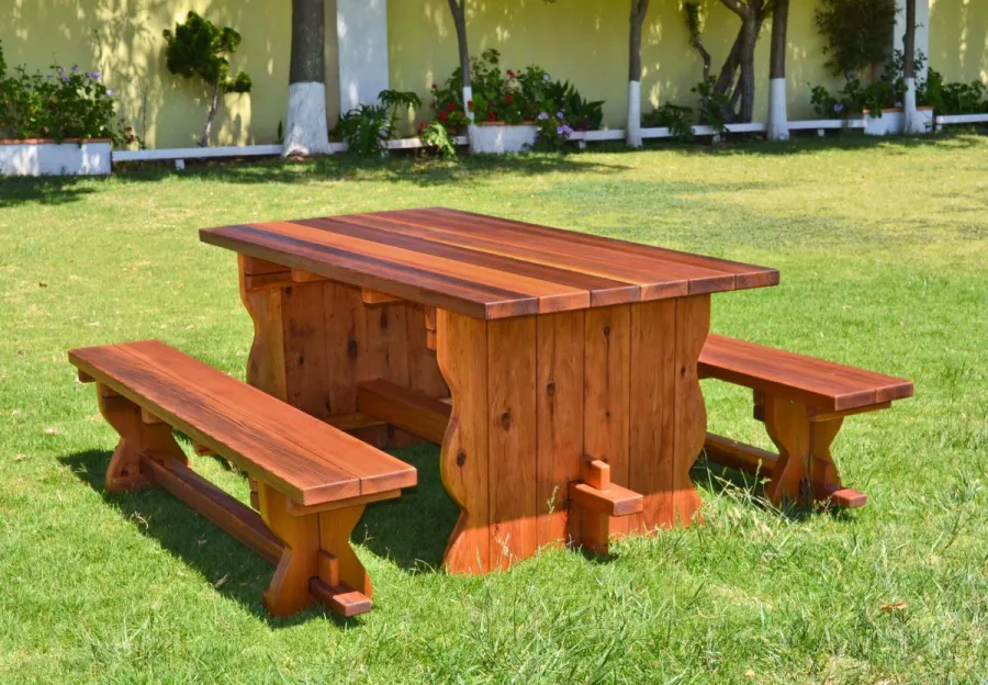 Trestle Natural Wood Outdoor Table (Options: 6' L, 34 1/2'' W Tabletop, Side Benches, Redwood, Standard Tabletop, Squared Corners, 1 Full Length Side Benche Per Side, No Umbrella Hole, Transparent Premium Sealant). 