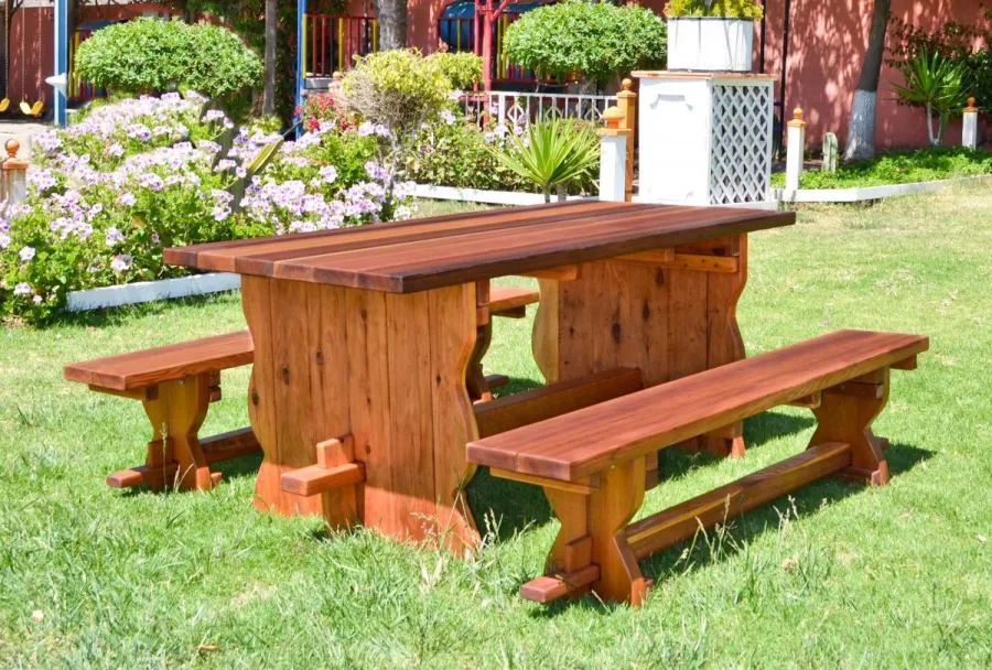 Trestle Natural Wood Outdoor Table (Options: 6' L, 34 1/2'' W Tabletop, Side Benches, Redwood, Standard Tabletop, Squared Corners, 1 Full Length Side Benche Per Side, No Umbrella Hole, Transparent Premium Sealant). 