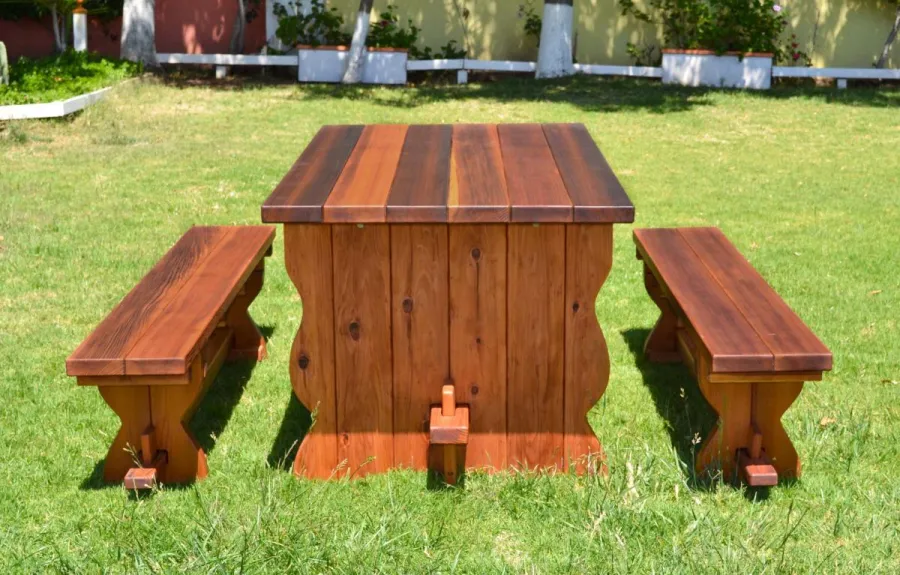 Trestle Natural Wood Outdoor Table (Options: 6' L, 34 1/2'' W Tabletop, Side Benches, Redwood, Standard Tabletop, Squared Corners, 1 Full Length Side Benche Per Side, No Umbrella Hole, Transparent Premium Sealant).