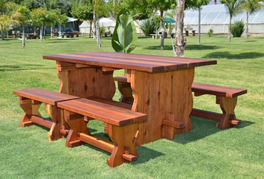 Trestle Natural Wood Outdoor Table (Options: 6' L, 34 1/2'' W Tabletop, Side Benches, Redwood, Standard Tabletop, Squared Corners, 2 Half Length Side Benche Per Side, No Umbrella Hole, Transparent Premium Sealant). 