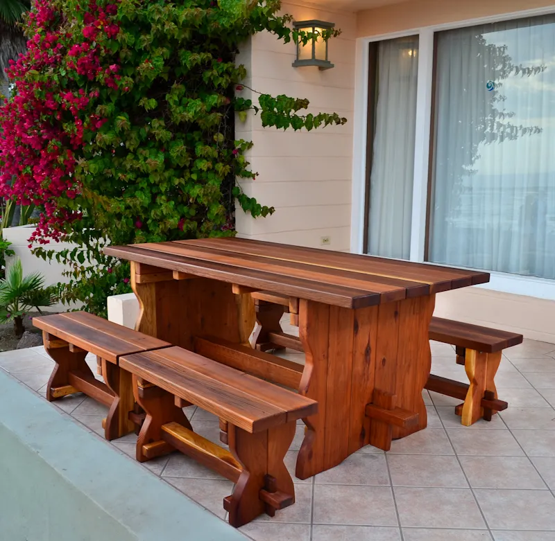 Trestle Natural Wood Outdoor Table (Options: 6' L, 34 1/2" W Tabletop, Side Benches, Redwood, 2 Half Lenght Benches/Side, Standard Tabletop, Squared Corners, No Umbrella Hole, Transparent Premium Sealant).