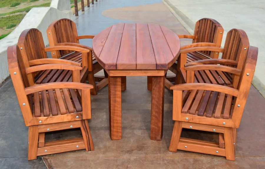 Vera's Outdoor Wood Cocktail Table (Options: Vera's Armchair, 6 ft, 34 1/2" W, Mature Redwood, 30 inch Table Height, 17 inch Stool Height, 6 Chairs, Add 6 Swivels, No Cushion, Standard Tabletop, No Umbrella Hole, Transparent Premium Sealant).