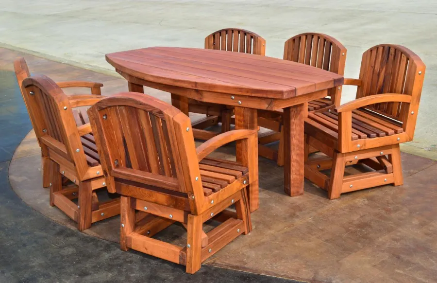 Vera's Outdoor Wood Cocktail Table (Options: Vera's Armchair, 6 ft, 34 1/2" W, Mature Redwood, 30 inch Table Height, 17 inch Stool Height, 6 Chairs, Add 6 Swivels, No Cushion, Standard Tabletop, No Umbrella Hole, Transparent Premium Sealant).