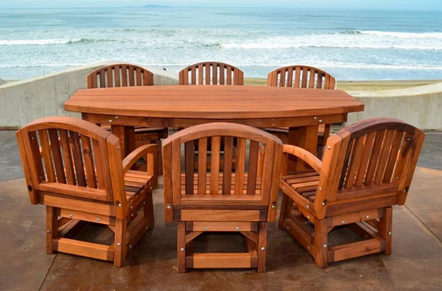 Vera's Outdoor Wood Cocktail Table (Options: Vera's Armchair, 6 ft, 34 1/2" W, Mature Redwood, 30 inch Table Height, 17 inch Stool Height, 6 Chairs, Add 6 Swivels, No Cushion, Standard Tabletop, No Umbrella Hole, Transparent Premium Sealant).