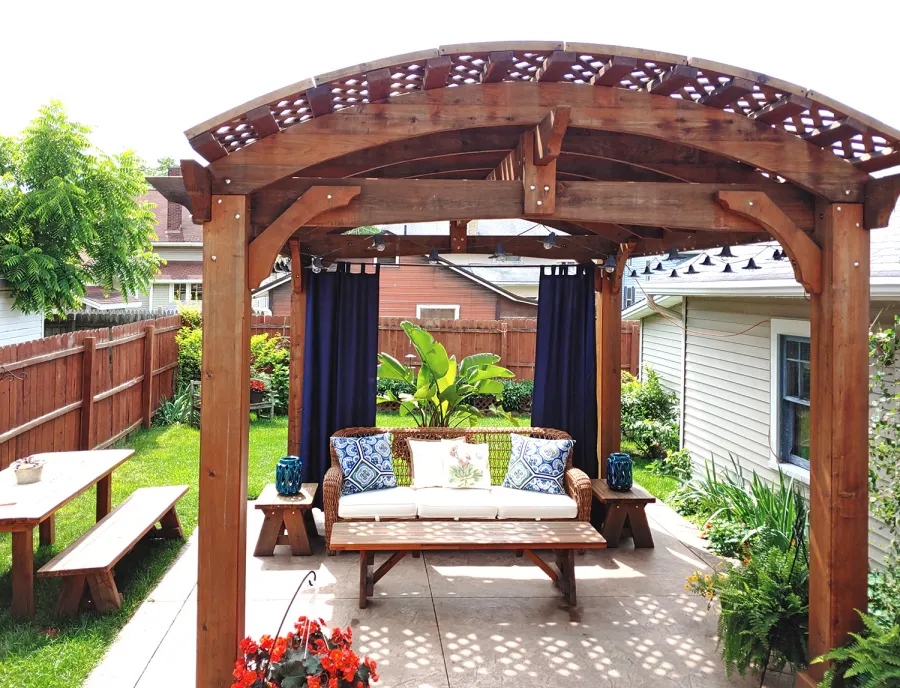 Custom Viking Pergola DIY Kits (Options: 16' L x 14' W, Mature Redwood, No Electrical Wiring Trim Kit, No Curtain Rods, 4-Post Anchor Kit for Concrete, Transparent Premium Sealant).