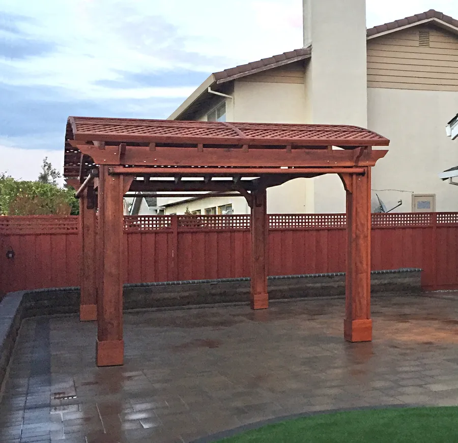Custom Viking Pergola DIY Kits (Options: 14' L x 20' W, Mature Redwood, Extra Thick Lumber, 3 Curtain Rods, 4-Post Anchor Kit for Concrete, Transparent Premium Sealant). Photo Courtesy of R. Huckaby of Foster City, CA. 