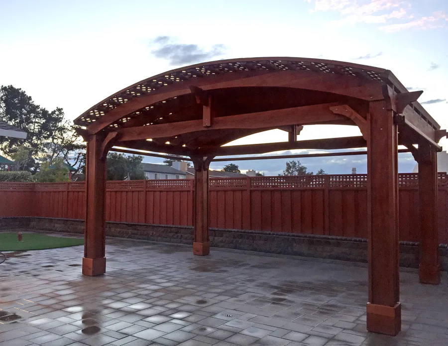 Custom Viking Pergola DIY Kits (Options: 14' L x 20' W, Mature Redwood, Extra Thick Lumber, 3 Curtain Rods, 4-Post Anchor Kit for Concrete, Transparent Premium Sealant). Photo Courtesy of R. Huckaby of Foster City, CA. 