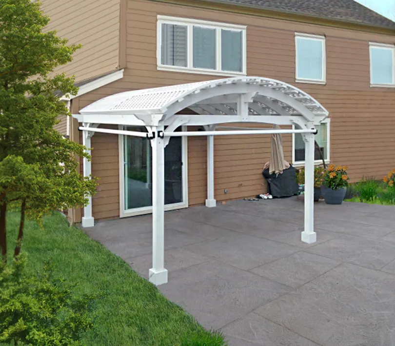 Viking Pergola DIY Kits (Options: 14' L x 14' W, Douglas-fir, Electrical Wiring Trim Kit for 1 Post, 4-Post Anchor Kit for Concrete, 3 Curtain Rods, Off-White Oil-Based Primer). Photo Courtesy of G. Bala of Santa Rosa, CA.