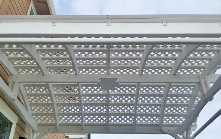 Viking Pergola DIY Kits (Options: 14' L x 14' W, Douglas-fir, Electrical Wiring Trim Kit for 1 Post, 4-Post Anchor Kit for Concrete, 3 Curtain Rods, Off-White Oil-Based Primer). Photo Courtesy of G. Bala of Santa Rosa, CA.