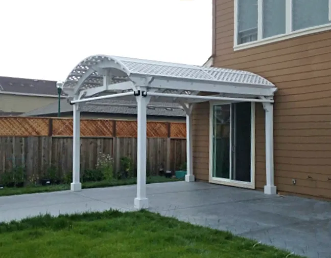Viking Pergola DIY Kits (Options: 14' L x 14' W, Douglas-fir, Electrical Wiring Trim Kit for 1 Post, 4-Post Anchor Kit for Concrete, 3 Curtain Rods, Off-White Oil-Based Primer). Photo Courtesy of G. Bala of Santa Rosa, CA.