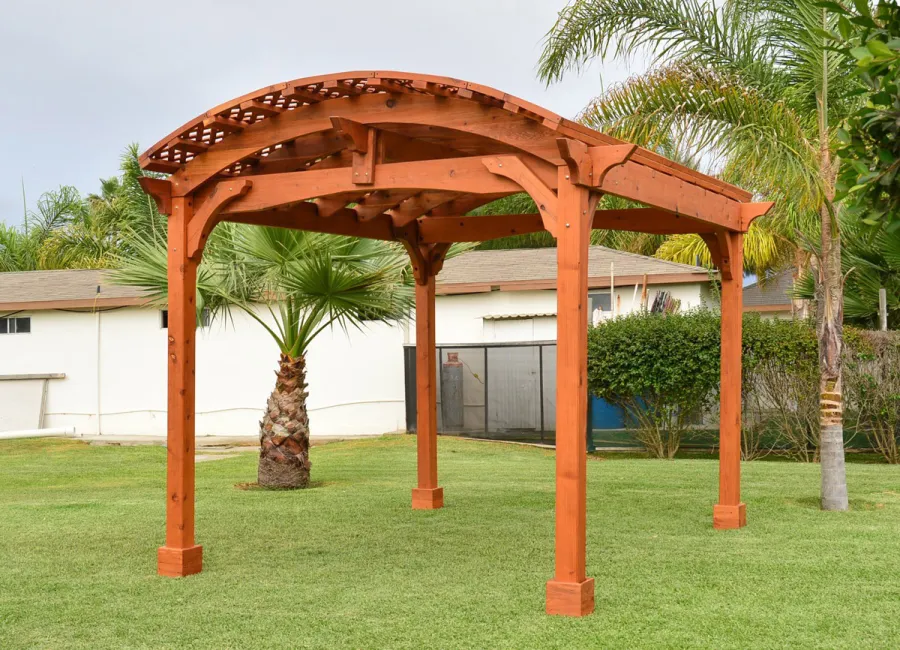 Viking Pergola DIY Kits (Options: 12' L x 14' W, Mature Redwood, No Electrical Wiring Trim Kit, No Curtain Rods, Transparent Premium Sealant).