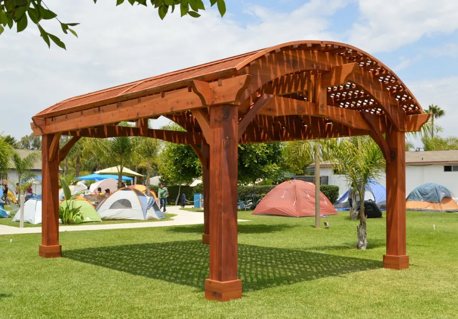 Custom Viking Pergola DIY Kits (Options: 21' L x 16' W, Mature Redwood, No Electrical Wiring Trim Kit, No Curtain Rods, Extra Thick Lumber by Custom Request, Transparent Premium Sealant). 