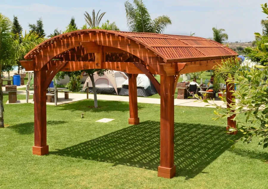 Custom Viking Pergola DIY Kits (Options: 21' L x 16' W, Mature Redwood, No Electrical Wiring Trim Kit, No Curtain Rods, Extra Thick Lumber by Custom Request, Transparent Premium Sealant). 