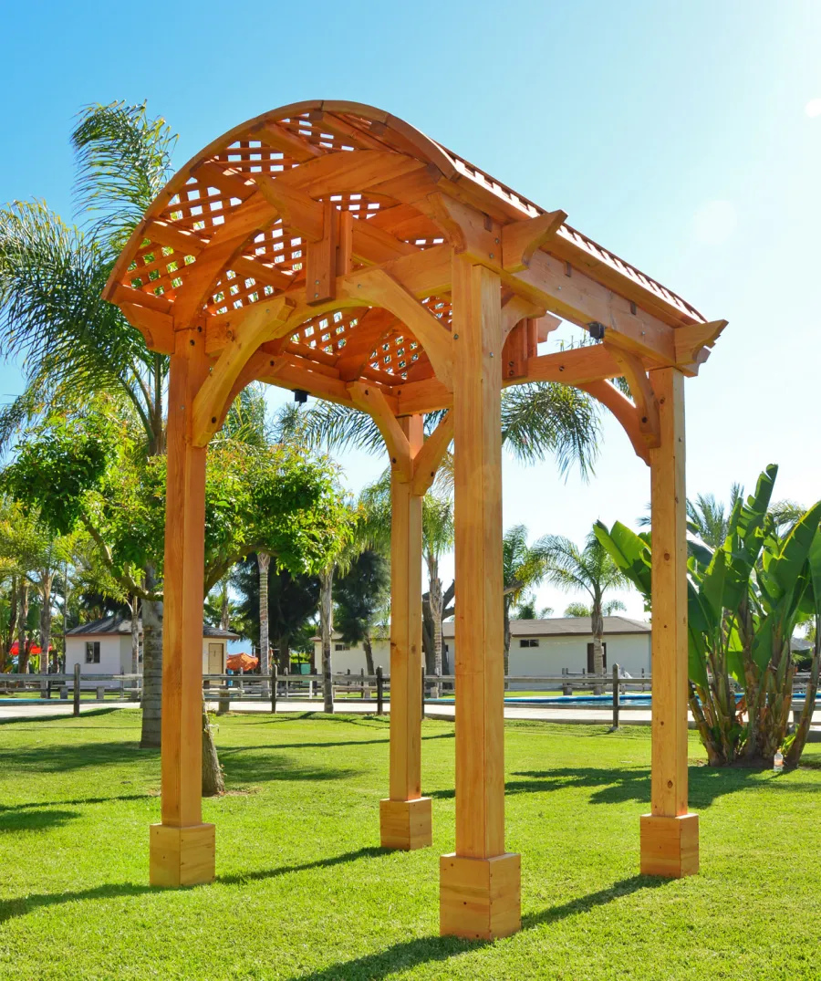 Viking Pergola DIY Kits (Options: 8' L x 8' W, Douglas-fir, No Electrical Wiring Trim Kit, No Curtain Rods, Transparent Premium Sealant). Pergola with Swing Hangers by Custom Request.