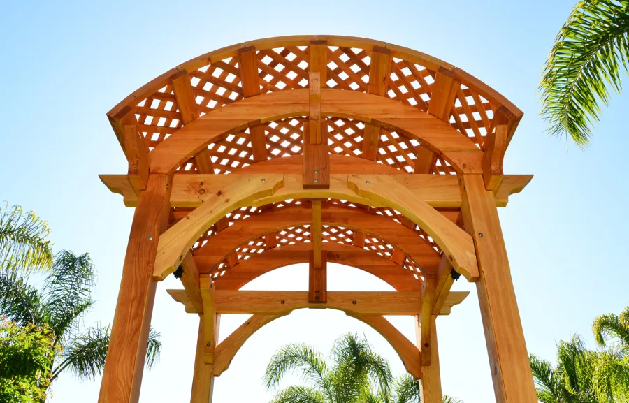 Viking Pergola DIY Kits (Options: 8' L x 8' W, Douglas-fir, No Electrical Wiring Trim Kit, No Curtain Rods, Transparent Premium Sealant). Pergola with Swing Hangers by Custom Request.