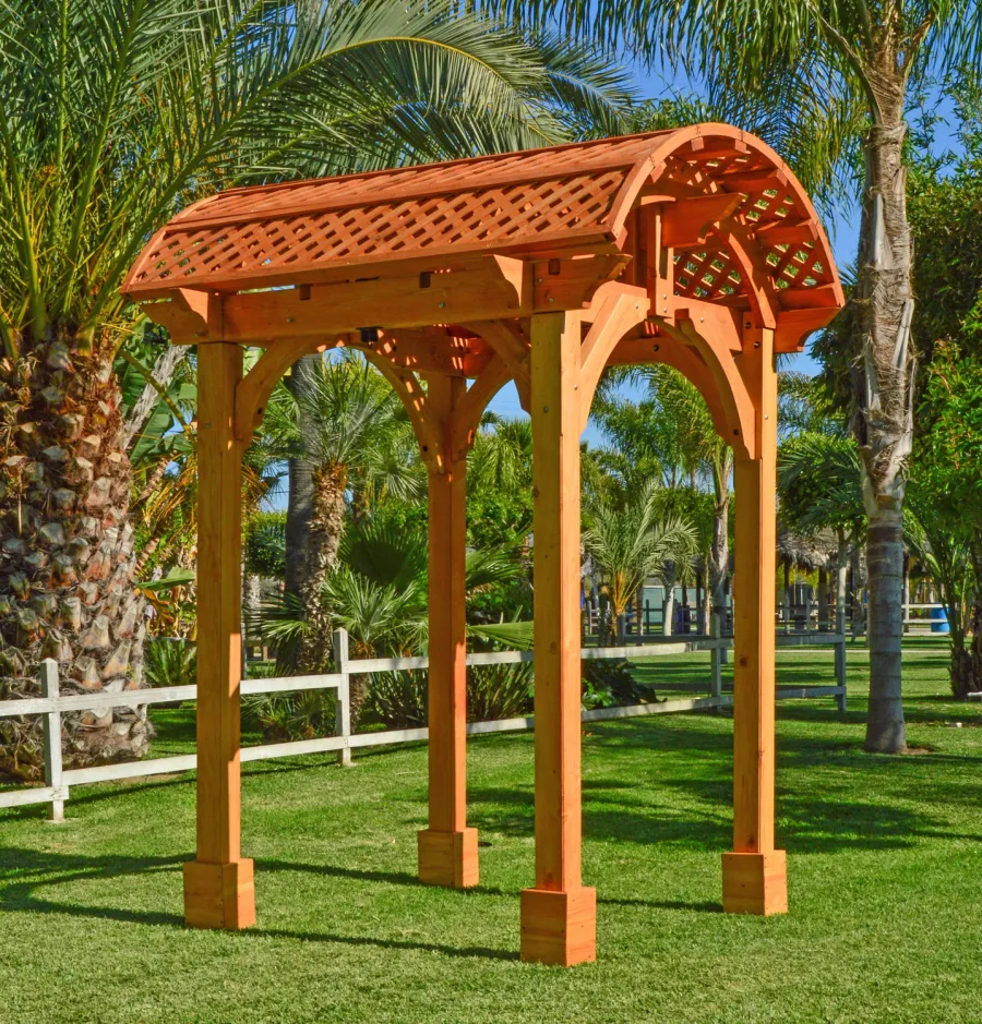 Viking Pergola DIY Kits (Options: 8' L x 8' W, Douglas-fir, No Electrical Wiring Trim Kit, No Curtain Rods, Transparent Premium Sealant). Pergola with Swing Hangers by Custom Request.