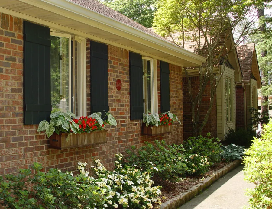 Window Box Planters (Options: 48" L, 9" W, 9" H, Standard Base, Redwood, Add Steel Hangers, No Railing Strips, No Growing Vegetables, Transparent Premium Sealant). Photo Courtesy of Juliet M. of Dunwoody, GA.