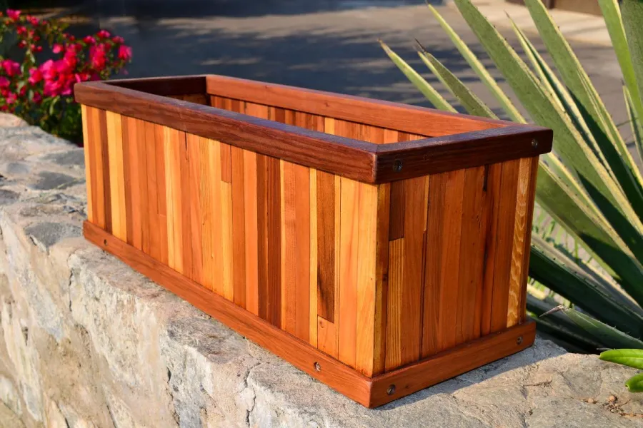 Window Box Planters (Options: 24" L, 9" W, 9" H, Standard Base, Mosaic Redwood, No Steel Hangers, No Fit Over Railings, No Growing Vegetables, Transparent Premium Sealant). 