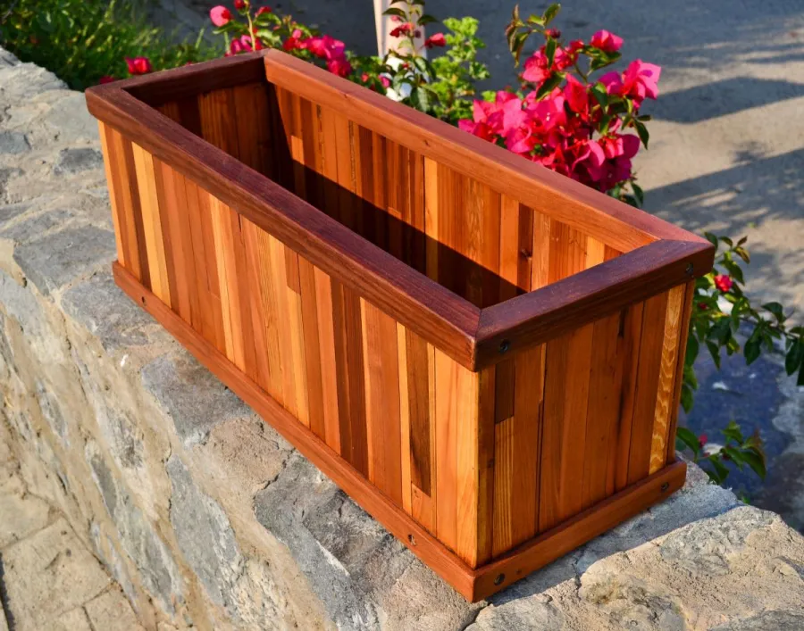 Window Box Planters (Options: 24" L, 9" W, 9" H, Standard Base, Mosaic Redwood, No Steel hangers, No Fit Over Railings, No Growing Vegetables, Transparent Premium Sealant). 